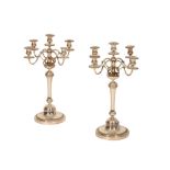 CHRISTOFLE: A PAIR OF FRENCH SILVER PLATED FIVE-LIGHT CANDELABRA