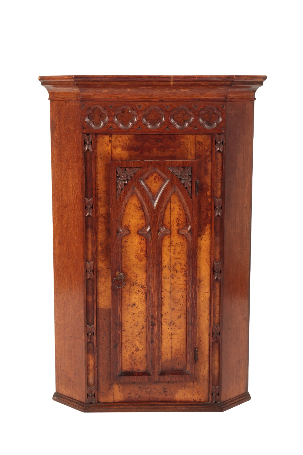 19TH CENTURY GOTHIC REVIVAL OAK AND WALNUT CORNER CUPBOARD