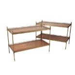 PAIR OF BRASS AND WALNUT TWO TIER ETAGERES