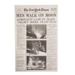 Buzz Aldrin, a signed New York Times, facsimile front page with 'Men Walk on the Moon' headline.