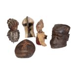 THREE ZAIREAN MASKS AND TWO OTHER AFRICAN FIGURES