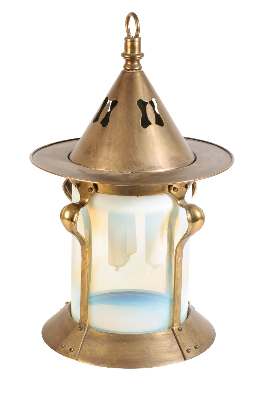 MANNER OF W.A.S BENSON: AN ARTS AND CRAFTS BRASS AND VASELINE GLASS PORCH LANTERN