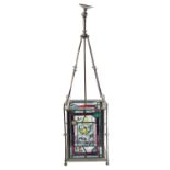 AESTHETIC MOVEMENT BRASS FRAMED LEADED STAINED GLASS HALL LANTERN