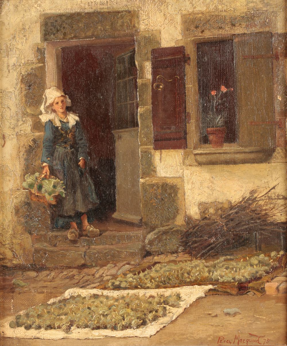 PERCY MACQUOID (1852-1925) A young girl standing on the steps of her house