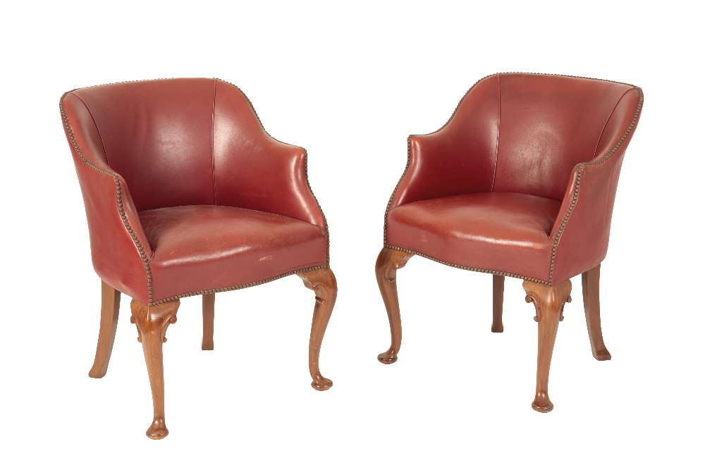PAIR OF GENTLEMAN'S WALNUT AND LEATHERETTE TUB CHAIRS