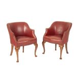PAIR OF GENTLEMAN'S WALNUT AND LEATHERETTE TUB CHAIRS