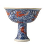 RARE UNDERGLAZE-BLUE AND IRON-RED DECORATED STEM CUP, XUANDE SIX CHARACTER MARK BUT YONGZHENG PERIOD