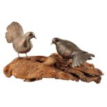 FINE SILVER AND BRONZE GROUP OF TWO DOVES, BY SEIFU