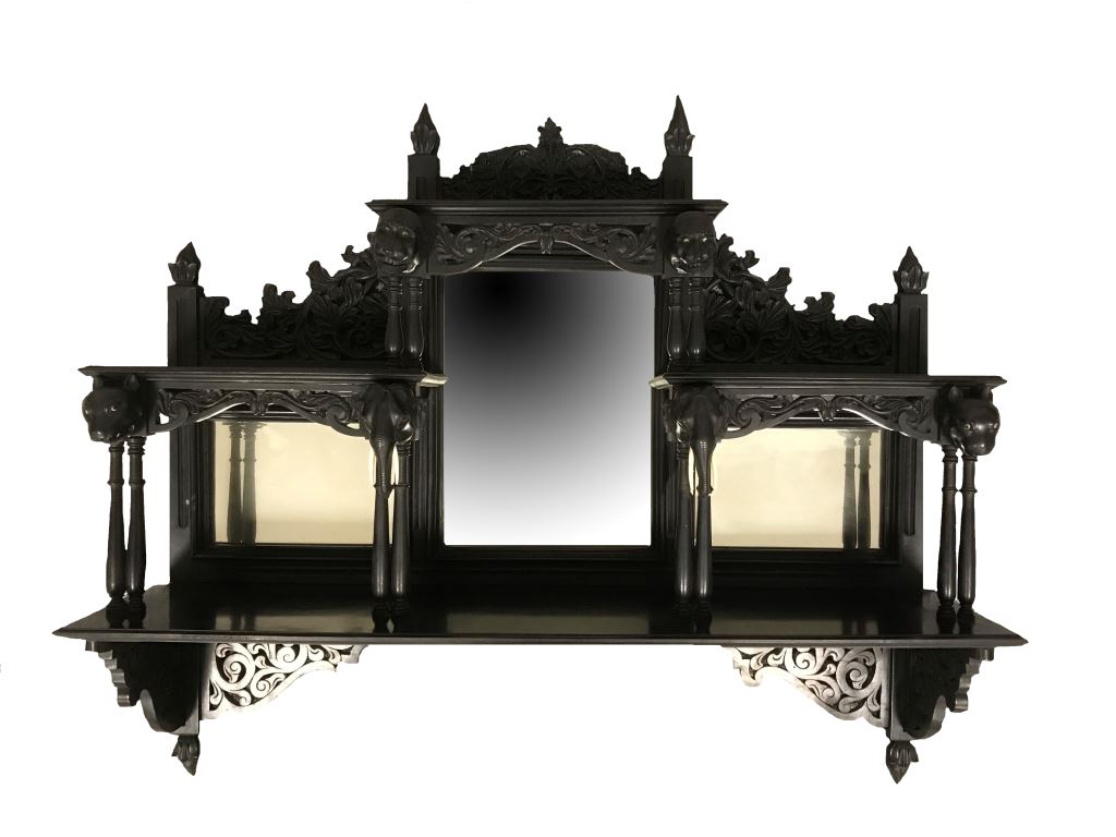 EXCEPTIONALLY FINE ANGLO-CEYLONESE CARVED EBONY MIRRORED WALL SHELF