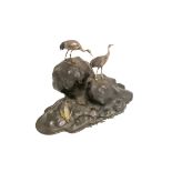 JAPANESE BRONZE AND SILVER OKIMONO OF CRANES AND A MINOGAME TURTLE, BY SEIFU