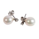 PAIR OF CULTURED PEARL AND DIAMOND EAR STUDS