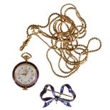 BUCHERER ENAMELED PENDANT/ FOB WATCH/ BROOCH AND CHAIN
