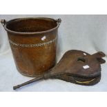 A PAIR OF 19TH CENTURY ELM BELLOWS and a copper coal bucket (2)