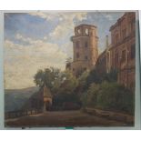 CONTINENTAL SCHOOL 19TH CENTURY VIEW OF A CASTLE COURTYARD with ruined tower beyond, oil on canvas