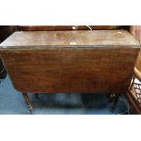 A REGENCY MAHOGANY DROP FLAP TABLE of narrow proportions, fitted a drawer on turned legs, 88cm wide