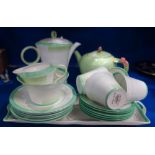 A SHELLEY ART DECO COFFEE SET, with green stylised banding and a Royal Winton teapot