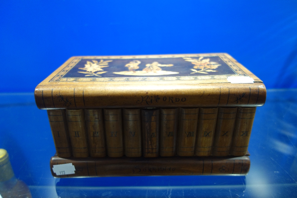 A 19TH CENTURY SORRENTO WARE OLIVE WOOD BOX, the marquetry lid decorated with dancing figures, 22.