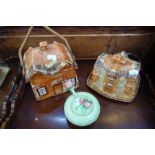 A COTTAGE WARE BISCUIT BARREL, a similar cheese dish and a Carltonware jam pot with spoon (3)