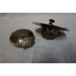 A BIDRIWARE COPPER AND WHITE METAL TRINKET, and a Indian white metal strainer with turned wooden