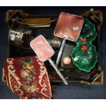 A SILVER PLATED BOTTLE HOLDER and a collection of sundries