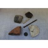 A BRONZE ROMAN COIN and a collection of archeological items, found circa 1970's in Colliton Park,