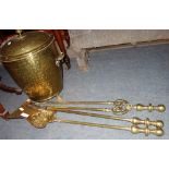 A SET OF THREE VICTORIAN BRASS FIRE TOOLS and a coal bin