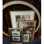 A KRONHEIM & CO: Baxter type print of fruit, other pictures and a circular gesso moulded picture