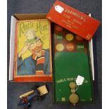 A VINTAGE 'ROUSE HIM' SHOOTING GAME (boxed), a tinplate table hopscotch and a Schuco racing car (