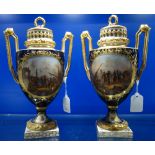 A PAIR OF CONTINENTAL PORCELAIN URNS WITH COVERS in the classical style, with a Royal blue body