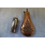 A COPPER POWDER FLASK and accessories