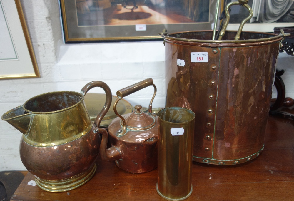 A COPPER COAL BUCKET, a warming pan and similar metalware