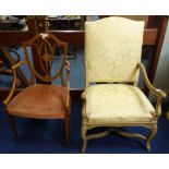 A LOUIS XIV STYLE FAUTEUIL, with carved and painted frame and a Hepplewhite design shield back