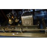 A VICTORIAN BRASS FENDER, a Victorian brass coal box and similar metalware