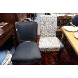 A PAIR OF VICTORIAN MAHOGANY DINING CHAIRS, with carved and upholstered backs and another pair