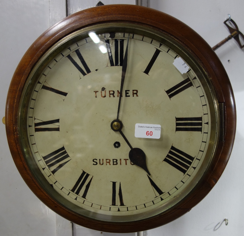 A 19TH CENTURY DIAL WALL CLOCK in a mahogany case, with cast bezel and bevelled glass, 'Turner