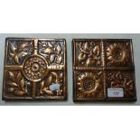 A PAIR OF EMBOSSED COPPER PLAQUES, in the style of Victorian Aesthetic tiles, 15.5cm square