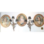 THREE 19TH CENTURY REVERSE PAINTINGS ON OVAL CONVEX GLASS, each of differing seasons in gilt frames,