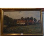 A LATE VICTORIAN OIL ON CANVAS PAINTING of a farm, label to the back 'The Farm Behind the Fisheries,