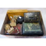 A BLACK LACQUERED MONEY BOX and a collection of sundries