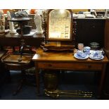 A VICTORIAN MAHOGANY DRESSING MIRROR, a mahogany side table, a reproduction drum table, a wine table