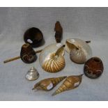 A PAIR OF ENGRAVED NAUTILUS SHELLS and a collection of sundries