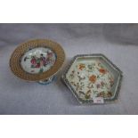 A CHINESE HEXAGONAL JARDINIERE DISH and a similar comport (2)