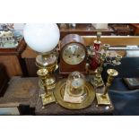 A 1920S MANTEL CLOCK, a pair of brass candlesticks, table lamps and sundries