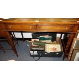 A REPRODUCTION MAHOGANY LADY'S WRITING TABLE, with leather top and fitted five drawers