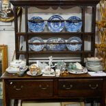 A 1920'S OAK DRESSER, fitted two drawers and barley twist legs, with an associated 18th Century