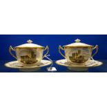 A PAIR OF EARLY 19TH CENTURY FLIGHT BARR & BARR TWO HANDLED CUPS AND COVERS, with hand-painted