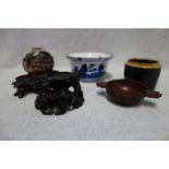 A BLUE AND WHITE ENAMELLED BOWL, 11.5cm diameter and a collection of sundries