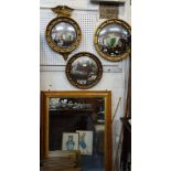 A VICTORIAN MAPLE FRAMED WALL MIRROR, 86cm x 120cm, three gilt framed convex wall mirrors and a