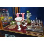 A GLAZED RED VELVET LINED DISPLAY CASE, silver plate, glassware and sundries