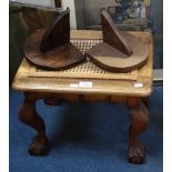 A DUTCH EAST INDIES STYLE TEAK STOOL, with cabriole legs and two wall brackets